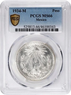 MEXICO ESTADOS UNIDOS  1934  1 PESO SILVER COIN, PCGS CERTIFIED SUPERB GEM MS66 - Image 1 of 4