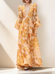 Womens New Long Dress V-neck Yellow Floral Beaded Dress High-end Vacation Dress - Picture 1 of 13