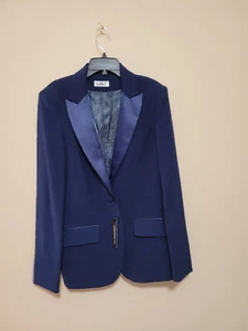 LBT Little Black Tux, Blue Womens Tuxedo Jacket, Satin Lapel Size 12P - Picture 1 of 13