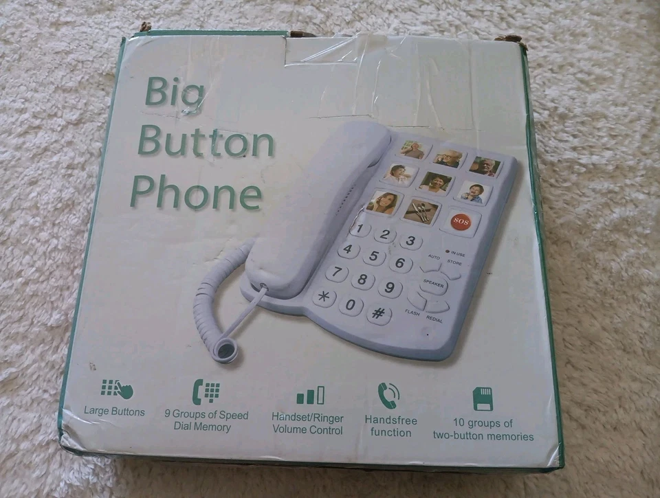 Teléfono con cable con botón grande con imagen para personas mayores con altavoz volver a marcar, manos libres Foto 1 de 3