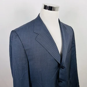 Canali 44S Suit Jacket Super 120s Wool Blue Striped Three Button Double Vented - Picture 1 of 8