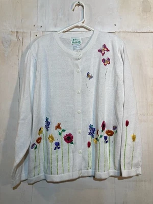 Quacker Factory Sweater XL Cottagecore Embroidered Cardigan Floral Butterfly NWT - Image 1 of 4