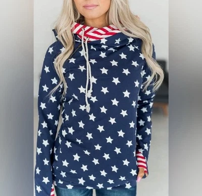 Moletom com capuz Ampersand Avenue duplo listras estrelas América vermelho branco azul GG novo com etiquetas - Imagem 1 de 4