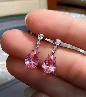 Lab-Created Pink Sapphire 3Ct Pear Cut Drop/Dangle Earrings 14KWhite Gold Plated - Image 1 of 4