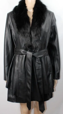 G.I.L.I Black Faux Leather Jacket Removable Faux Fur Collar Belted Pockets NWT 2 - Image 1 of 4
