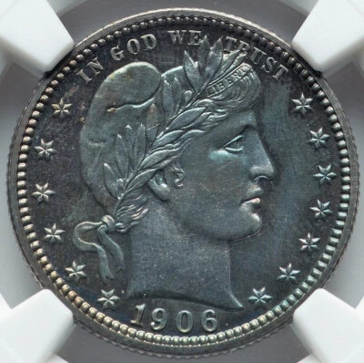 Barber Quarter Dollar 1906 NGC Proof-65! Superb Proof Gem! Stunning Blue Toning! - Image 1 of 4