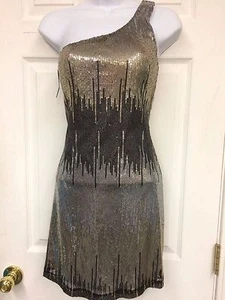 Thea Dora Coctail Sequins Gold/Silver/Black Short Stretch Dress 14 One Shoulder - Picture 1 of 9