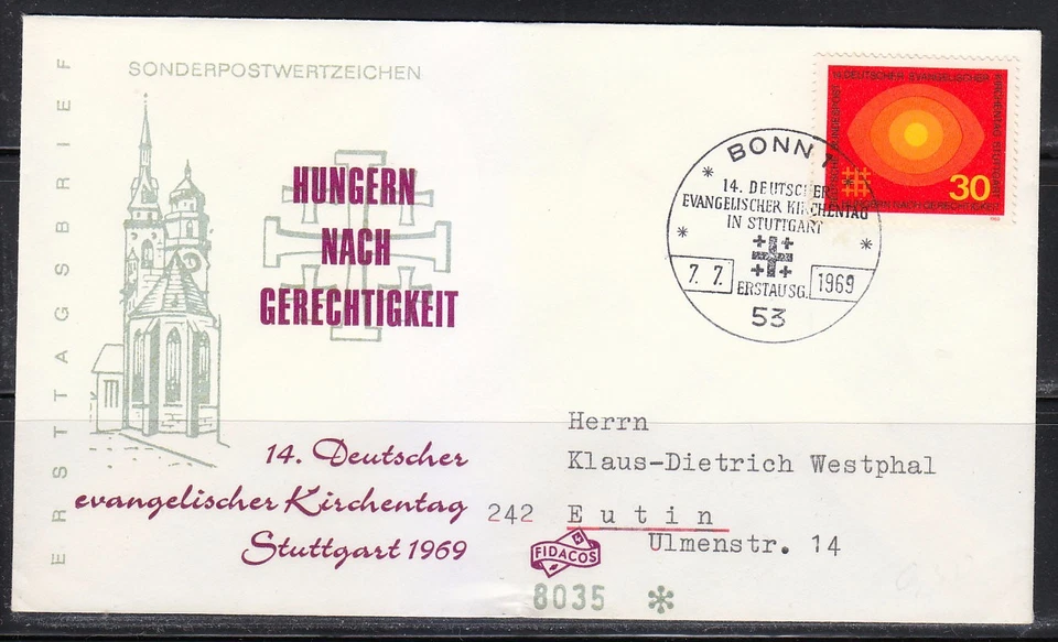Germany 1969 FDC cover German Protestants Mi 595 Sc 1004 .Catholics Cross - Image 1 of 1