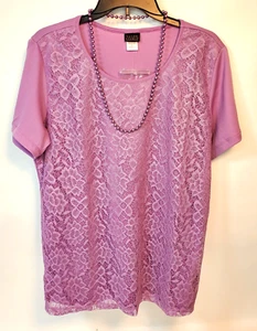 Salon Studio Womens Lilac Lace Overlay Top Blouse w/Beaded Necklace SZ L - Picture 1 of 13