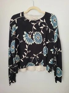 NWT LOFT Floral Boho Sweater Layering 100% Cotton Black Multi Boxy Oversized - Picture 1 of 6