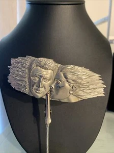 Vintage JJ Jonette 1988 Brooch Pin Art Deco Style SilverTone Woman Whispering - Picture 1 of 6