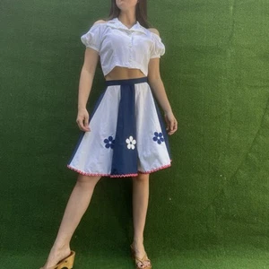 Vintage 50's Floral Block Panels Cotton Rockabilly Swing Skirt Navy sz Small - Picture 1 of 4