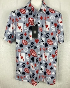 Hreski Golf Polo Shirt Gray Poker Cards Chips Vegas Performance Mens Small NWT - Picture 1 of 13