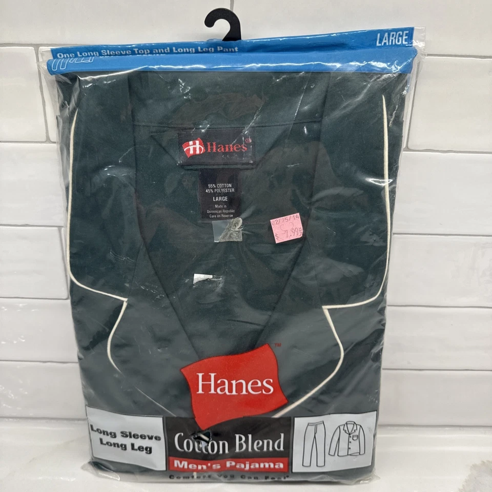 Conjunto de pijama grande Hanes para hombre ropa de dormir manga larga botón verde liso 0570-999 Foto 1 de 4