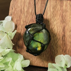 Natural Rainbow Labradorite Warp Braided Pendant Healing Luck Men Women Necklace - Picture 1 of 6
