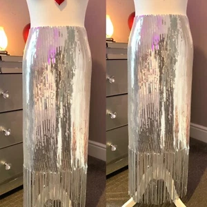 M & S Autograph Silver Tassel Sequin Swishy Tassel Slip Skirt Sz 12 WOW Factor - Picture 1 of 14