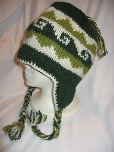 NEW Green 100% Wool Fleece Lined Winter Knit Hat Ear Flaps Ties Unisex Nepal - Picture 1 of 1