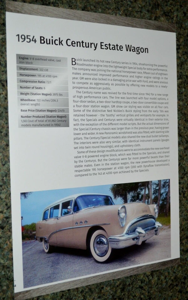  1954 BUICK CENTURY ESTATE WAGON INFO SPEC SHEET PHOTO FEATURE PRINT 54★★ - Image 1 of 1