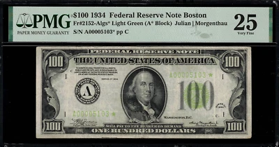 1934 $100 Federal Reserve Note - Boston - FR. 2152-A - Star Note - LGS PMG 25 - Image 1 of 2