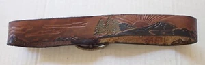 VTG KIDS HANDMADE SNAP LEATHER BELT MOUNTAINS & SUNRISE 1" WIDE MARKED SIZE 20 - Picture 1 of 6