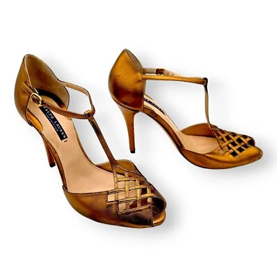 RALPH LAUREN PURPLE LABEL - Gold Metallic Kidskin Leather Pumps Heels, Size 9.5 - Image 1 of 4