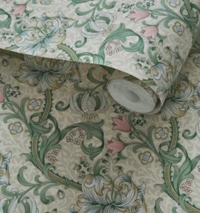 WILLIAM MORRIS WALLPAPER SAMPLE CRAFTING GOLDEN LILY LINEN BLUSH BEIGE GREEN - Picture 1 of 1