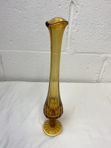 VINTAGE AMBER FENTON GLASS SWUNG FOOTED BUD VASE MID CENTURY 12” Glass Vase - Picture 1 of 8