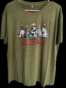 Mujer Piel de Vaca Navidad Camiseta Talla XXL Verde Ejército Nuevo Árboles Vaca Granja - Imagen 1 de 2