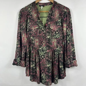 Cocomo Dark Floral Abstract Blouse XL Black Green Burgundy Henley Artsy Dramatic - Picture 1 of 7