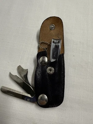 Vtg Bassett Key Chain Kit Nail Clippers Razor File Opener Screwdriver Leather - Image 1 of 4
