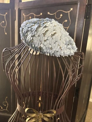 Boina de lentejuelas vintage hecha a mano en Italia Snood azul con cuentas gorra sombrero Foto 1 de 4