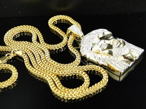 10K Yellow Gold Real 1.5Inch Diamond Jesus Face Piece Pendant with 24 Inch Chain - Picture 1 of 9