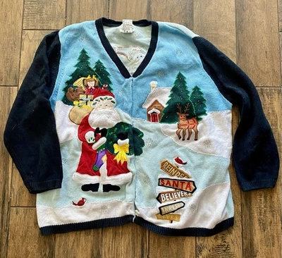 Vintage Quacker  Factory 3X Santa Christmas Sweater Cardigan Reindeer - Image 1 of 4
