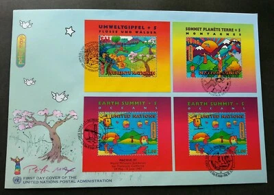 Naciones Unidas Peter Max Earth Summit 1997 barco flor árbol de montaña (FDC)  Foto 1 de 4