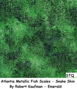 Atlantia Metallic Fish Scales Snake Skin cotton quilt fabric Kaufman BTY Emerald - Picture 1 of 12