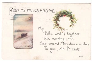 From My Folks And Me, Holly Wreath, Vintage 1915 Christmas Postcard - Picture 1 of 2