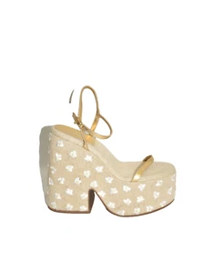 ¡Nuevo! Sandalias de plataforma Larroude Wanda en cuero dorado y rafia tostada margarita 8 DD489 - Imagen 1 de 7