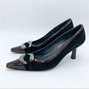 Stuart Weitzman Black Suede Pumps w/Tortoise Patent Toe/Heel and Silver Accent - Picture 1 of 14