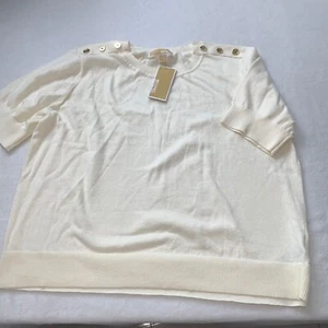 Michael Kors cream knit short sleeve sweater size xl new gold buttons crew neck - Picture 1 of 11