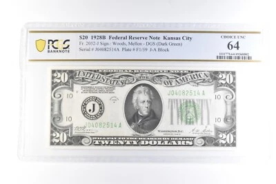 1928 B $20 Kansas City MO FRN Fr#2052-J Choice Unc 64 PCGS *6085 - Image 1 of 3