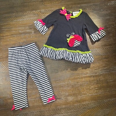Vintage Rare Editions Outfit Ladybug Applique Striped Ruffle Top Leggings 18M - Image 1 of 4