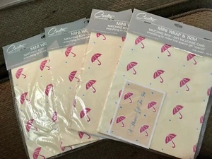 Vintage Carlton Paper Gift Wrap Pink Umbrella Wedding Shower With Card Lot Of 4 - Picture 1 of 2