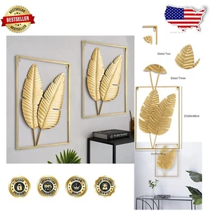 Set of 2 Elegant Gold Metal Leaf Wall Art - 24” x 16” Modern Decor - Picture 1 of 8