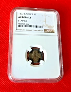 1897 SOUTH AFRICA THREE PENCE NGC AU DETAILS STAINED TONED - Picture 1 of 2