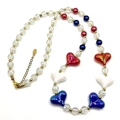 24" Red, White & Blue Hearts USA Patriotic Beaded Necklace - glass/acrylic beads - Image 1 of 4