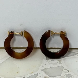 Vintage Tortoise Lucite Hoop Earrings Screw-Back Clip-On Brown 1.5in - Picture 1 of 4