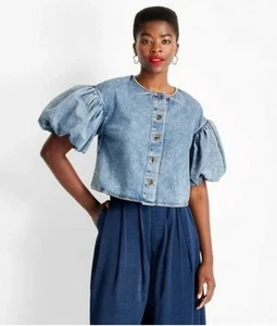 Preowned Future Collective Women's Denim Puff Sleeve Top Size L - Picture 1 of 8