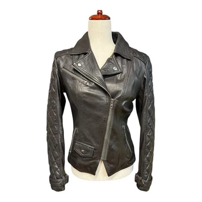 Chaqueta de Cuero Moto Asimétrica Remache Negra~Talla Pequeña~Marrón Ajustada Ajuste Moderno Foto 1 de 4