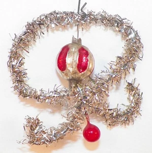 Tinsel Christmas Ornament Ribbon Bow Red Mercury Glass Ball Victorian Antique 47 - Picture 1 of 3