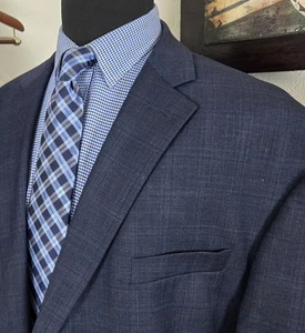 Stafford 56R Blue Plaid Blazer Mens 2 Button Sport Coat WindowPane Suit Jacket - Picture 1 of 15